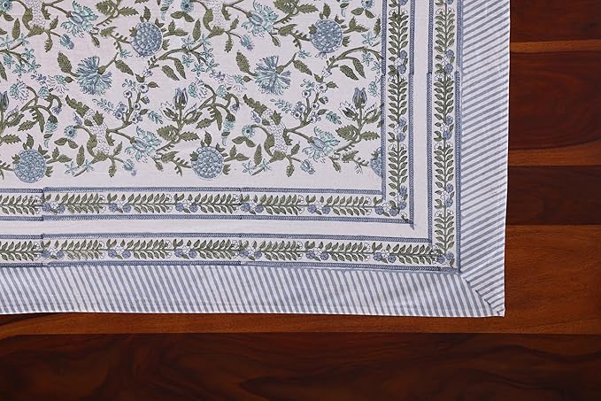 ATOSII Mahoka Blue 100% Cotton Fall Tablecloth, Handblock Floral Linen Table Cloth for Kitchen Dining Table I Parties Weddings Outdoors Easter Valentine's Gift I 60 X 90 Inches I 6 Seater