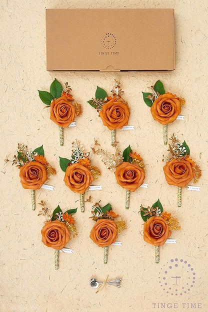 TINGE TIME Boutonniere for Men Wedding,Groom and Best Man Boutonniere for Wedding Ceremony Anniversary, Formal Dinner Party and Rustic Spring Wedding Marriage (10, Miami Burnt Orange)