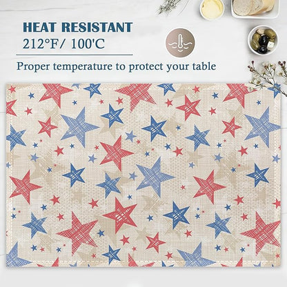 Patriotic Placemats Set of 4, Colorful American Stars Linen Place Mats Heat Resistant Non-Slip Washable Table Mats for Dining Kitchen Party Decor 12"x18"