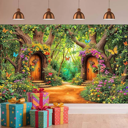 7X5ft Enchanted Forest Backdrop Fairy Tale Green Garden Wonderland Tree House Floral Butterfly Background for Kids Girl Baby Shower Birthday Party Decoration Banner Cake Table Photo Booth Props