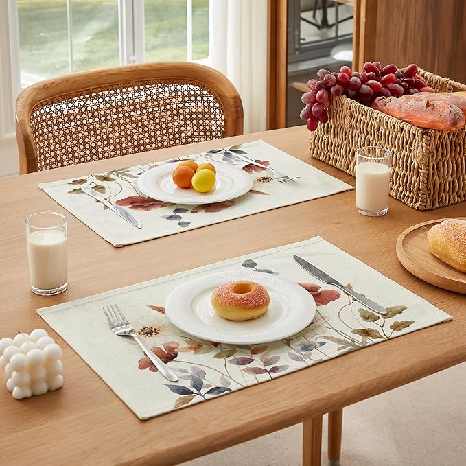 LilyCat Linen Fabric Floral Placemats, Waterproof Durable Boho Dining Table Mats for Kitchen, Rustic Vintage Washable Place Mats Set of 6, 18’’× 12’’