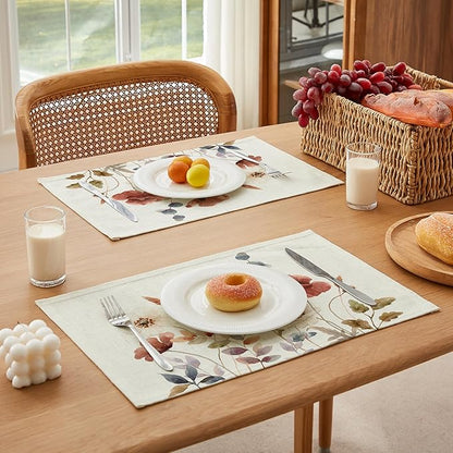 LilyCat Linen Fabric Floral Placemats, Waterproof Durable Boho Dining Table Mats for Kitchen, Rustic Vintage Washable Place Mats Set of 6, 18’’× 12’’