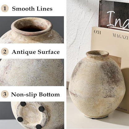 Ceramic Flower Vase, 6.22 Inch Rustic Farmhouse Vase Home Decor, Handcrafted Vintage Pottery Vase, Small Terracotta Vases for Living Room, Table, Shelf, Fireplace-Natural Brown
