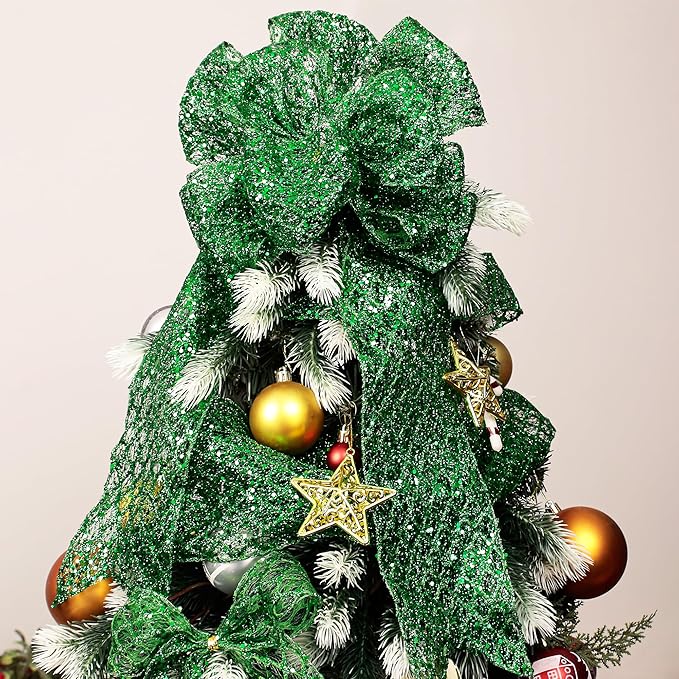 VATIN 2-1/2" Green Christmas Ribbon, Green Glitter Mesh Diamond Web Sequin Dots Wired Christmas Ribbon for Gift Wrapping Bow Making Wreath Supply-10 Yards