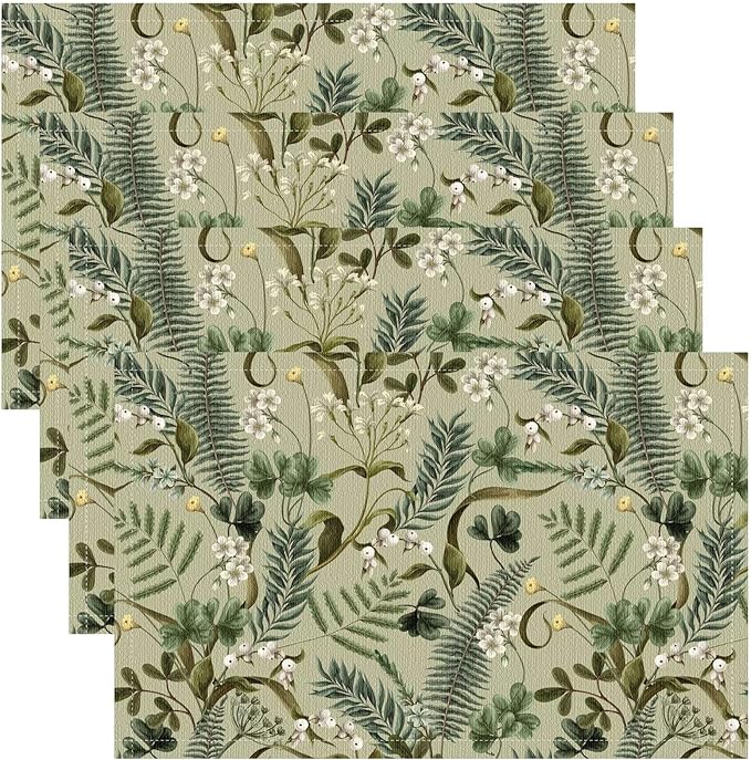 Retro Plant Placemats Set of 8, 17x12 Inch Green Leaves Retro Elegant Nature Plant Aesthetic Table Mats for Home Party Kitchen Dining Decor