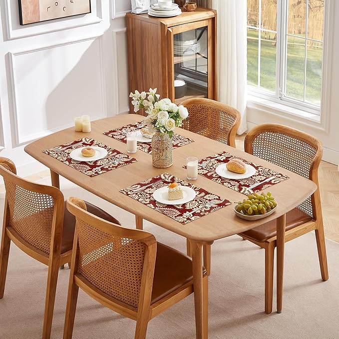 LilyCat Linen Fabric Red Paisley Floral Placemats, Durable Boho Dining Table Mats for Kitchen, Rustic Vintage Washable Place Mats Set of 4, 18’’× 12’’