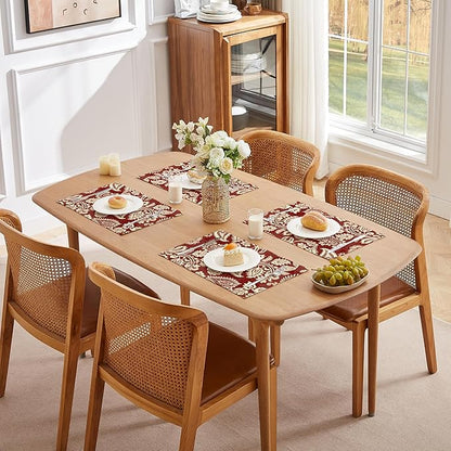LilyCat Linen Fabric Red Paisley Floral Placemats, Durable Boho Dining Table Mats for Kitchen, Rustic Vintage Washable Place Mats Set of 4, 18’’× 12’’