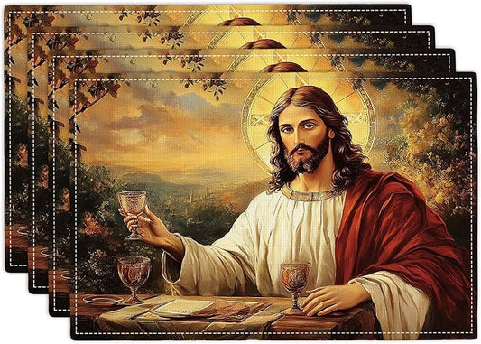 Christian Jesus Placemats Set of 4 Christian Gift Religious Jesus Christ Faith Place Mat Machine Washable Place Mats for Dinner Table Mats 4 PCS