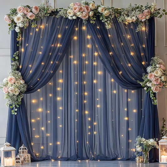 20x10ft Navy Blue Tulle Backdrop Curtain with Lights String for Parites, Sheer Backdrop Curtains for Wedding Baby Shower Birthday Party Photo Shoot Decorations