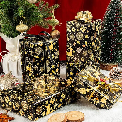 MAYPLUSS Shiny Christmas Wrapping Paper Roll - 17 Inch X 33 Feet - Luxury Metallic Foil Golden Reindeer Gift Snowflake Star on Black Design Winter Holiday Gift Wrap Paper for Party Birthday Wedding