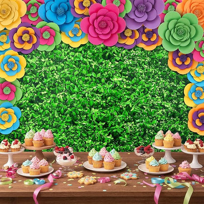 Frienda 36 Pcs DIY Paper Flower Decor Set with 83x59 Inch Custom Background Cloth and Rope, Artificial 3D Flower Wall Decor for Wall Bulletin Board Wedding Halloween Mexican Festive Party(Grass)