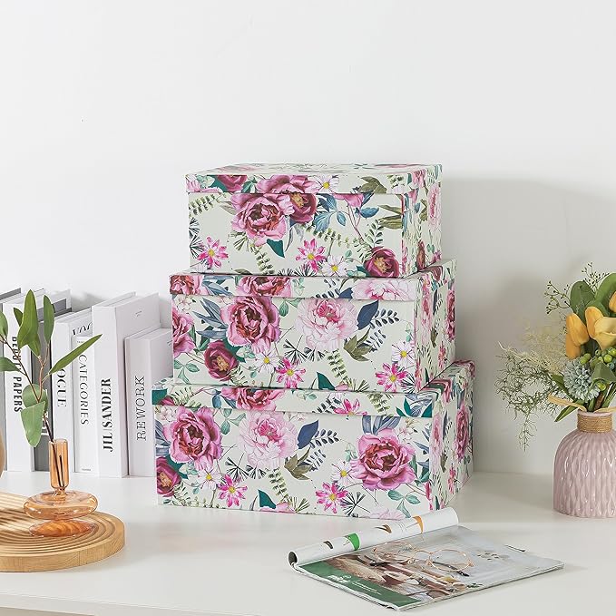 Soul & Lane Decorative Cardboard Storage Boxes with Lids for Home Decor and Organization, Set of 3 Large Keepsake Boxes for Memories & Gifts, Nesting Floral Photo Storage Containers, Floral Luxe