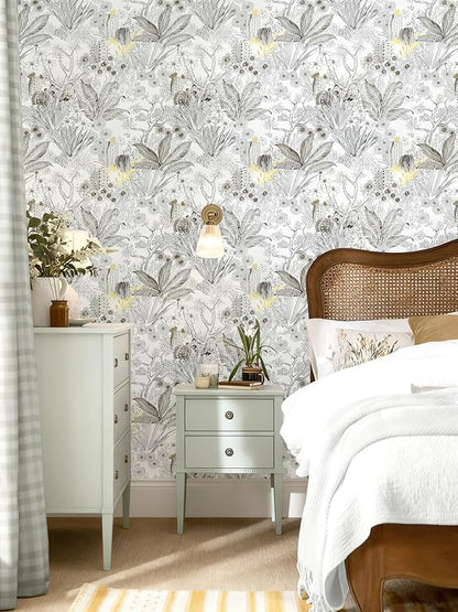 Wudnaye Floral Peel and Stick Wallpaper Vintage Contact Paper 17.7 inch×196.8 inch Gray Flower Wallpapers Self Adhesive Removable White and Black Contact Paper Waterproof for Bathroom Vinyl
