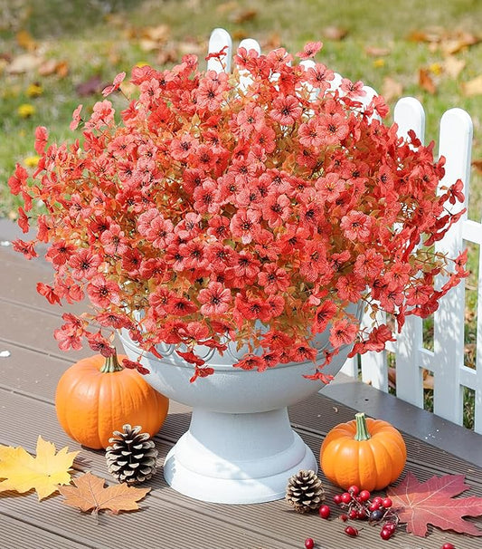 Artificial Fall Flowers Fake Mums for Outdoor Autumn Decoration, 12 Bundles Faux Silk Orange Yellow Mums Daisy Look Real UV Resistant for Outside Home Porch Patio Planter