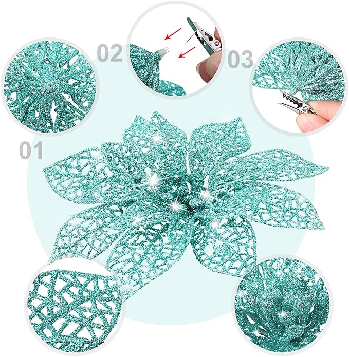 Boao Teal 24 Pieces Poinsettia Flower Christmas Glitter Artificial Poinsettia with Clips Christmas Tree Ornament Decorations for DIY Xmas Wreath Holiday Home Party Decor, 3/4/6 Inches