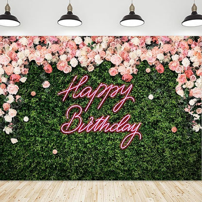 Riyidecor Happy Birthday Backdrop Vinyl for Women Neon Flower Wall Pink Rose Green Leaves Floral Blossom Botanical Plant Nature 10Wx8H Feet Girls Photography Background Birthday Photo Studio Shoot