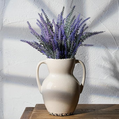 White Ceramic Rustic Vase with 2 Handles, Modern Farmhouse Round Flower Vase, Antique Decorative Vases for Home Decor, Wedding, Living Room, Shelf Decor - 8.3 Inch Tall, Ice Cracked White