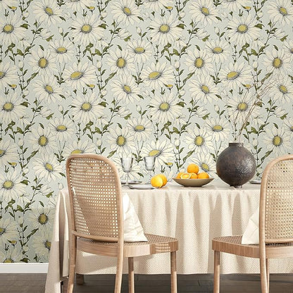 Boho Wallpaper Peel and Stick Daisy Floral Wallpaper 17.5in x32.8ft Vintage Leaf Contact Paper Vinyl Self Adhesive Removable Modern Floral Wall Paper for Bedroom Walls Cabinet Drawer