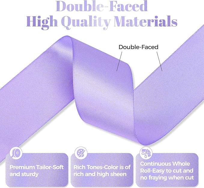 Lilac Satin Ribbon, Double Faced 1-1/2 Inch X 25 Yards Lilac Ribbon, Premium Satin Ribbon for Gift Wrapping, Crafts, Hair Bow Making, Sewing, Flower Bouquet, Wedding Party Decor