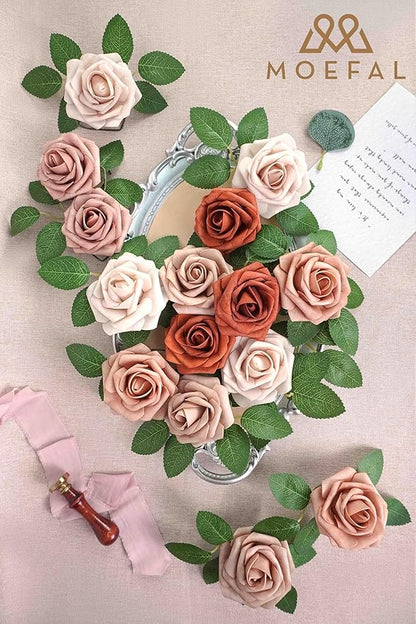 25Pcs Artificial Foam Roses 3 Inch, Terracotta Sunset Palette with Burnt Orange & Nude Shades, Realistic Flowers for DIY Boho Wedding Bouquets, Centerpieces, Fall Decor