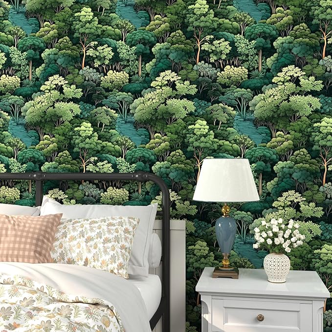 Green Wallpaper Peel and Stick, Forest Trees Contact Paper 17.5" x 393.7", Woodland Mountain Vintage Botanical Wall Paper Self Adhesive Waterproof Removable for Room Shelves Cabinet Drawer Table Decor