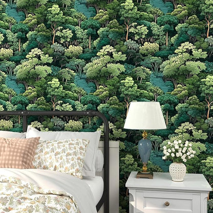 Green Wallpaper Peel and Stick, Forest Trees Contact Paper 17.5" x 393.7", Woodland Mountain Vintage Botanical Wall Paper Self Adhesive Waterproof Removable for Room Shelves Cabinet Drawer Table Decor