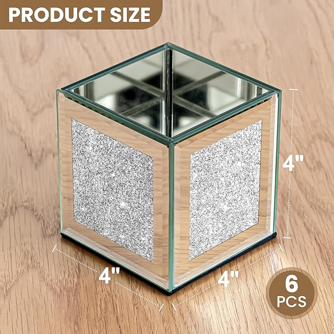 Set of 6 Bling Mirrored Square Glass Vases, 4 x 4 x 4 inches, Silver Flower Vases for Centerpieces Cube Vase Candle Holder for Wedding, Party, Home Office Decoration