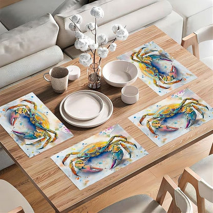Sea Beach Theme PlaceMats Set of 4 Ocean Crab Pictures Print Washable Placemats Marine Life Animal Table Mats Teal Blue Scratch Proof Table Mats for Kitchen Decor Dinner 4 PCS