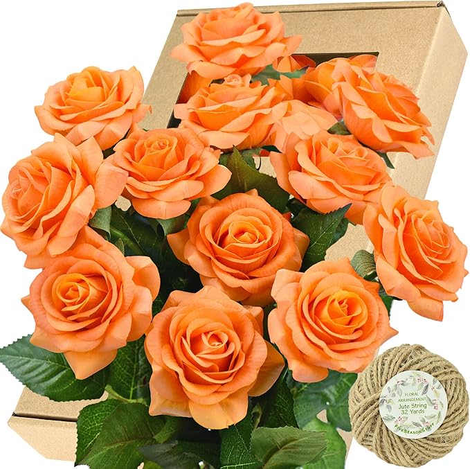 FiveSeasonStuff Silk Roses Artificial Flowers for Decoration, Home Decor Centerpiece for Tables, Wedding Bridal Bouquet of Flowers Real Touch Roses 12 Stems (Orange)