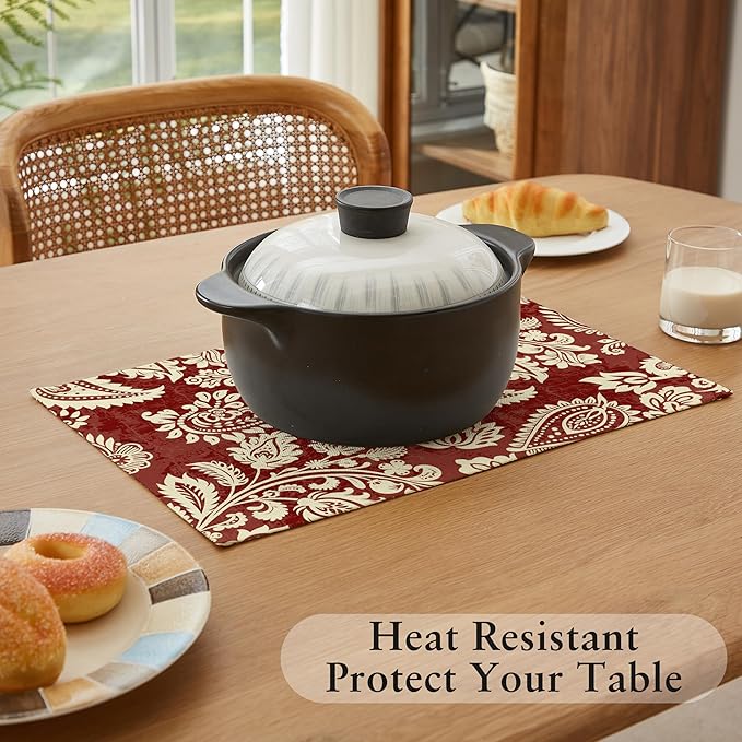LilyCat Linen Fabric Red Paisley Floral Placemats, Durable Boho Dining Table Mats for Kitchen, Rustic Vintage Washable Place Mats Set of 4, 18’’× 12’’