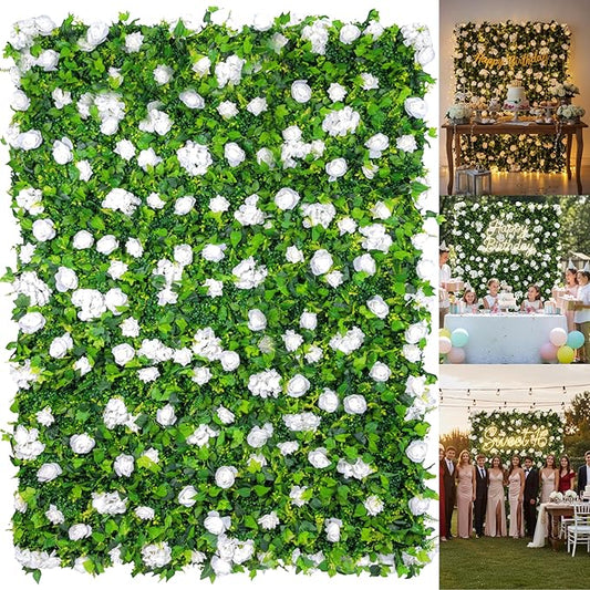 5×8 Ft 3D Artificial Flower Wall Panels, Quick Assembly Storage White Floral Greenery Fake Backdrop Fence Screen for Wedding Baby Show Birthday Party Indoor Outdoor Garden Backyard Home Decor