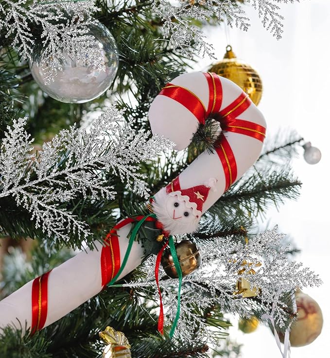 Watayo 45 Pcs Glitter Artificial Pine Needles- 10.6" Fake Foliage Pine Stems Picks- Silver Leaves Artificial Flowers Picks for Christmas DIY Garland Wreath Home Garden Decoration