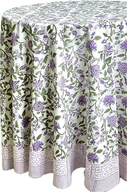 ATOSII Mahoka 100% Cotton Round Spring Summer Tablecloth, Block Print Floral Table Cloth for Kitchen Dining Linen I Parties, Weddings, OutdoorsI 72" Inches Round, 4 Seater