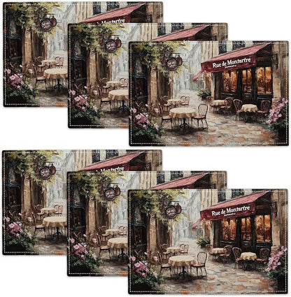 Street Scene Placemats Set of 6, Italian Place Mats, Rustic Street Stone Rock Houses in Italy City Dining Table Mats, Washable Placemats for Kitchen Dining Room 18L'' × 12W''