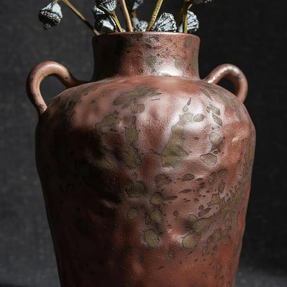 8IN Rustic Farmhouse Ceramic Vase Home Decor, Vintage Stoneware Clay Pottery Terracotta Textured for Modern Farmhouse, Living Room, Office Desk Table Shelf（Brown and Green）