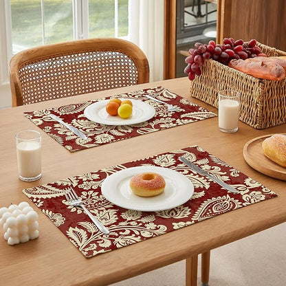 LilyCat Linen Fabric Red Paisley Floral Placemats, Durable Boho Dining Table Mats for Kitchen, Rustic Vintage Washable Place Mats Set of 6, 18’’× 12’’