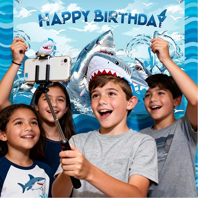 Shark Birthday Party Decorations For Women Men,Happy Birthday Banner,Blue Balloon Arch Kit,Sharks Foil Balloons,Cake toppers