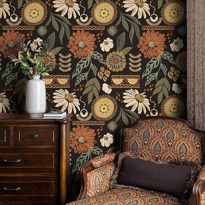 JiffDiff Boho Peel and Stick Wallpaper Vintage Floral Wall Paper Removable Sun Flower Contact Paper Bathroom Bedroom Renter Friendly Wall Mural 17.3" x 800"