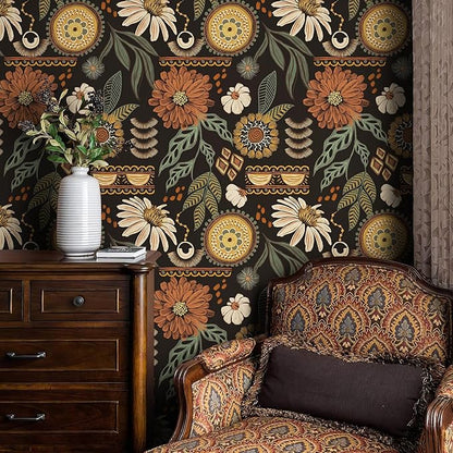 JiffDiff Boho Peel and Stick Wallpaper 17.3" x 240" Vintage Sun Floral Retro Removable Contact Paper Paper Dark Botanical Flowers Bathroom Bedroom Renter Friendly Wall Mural