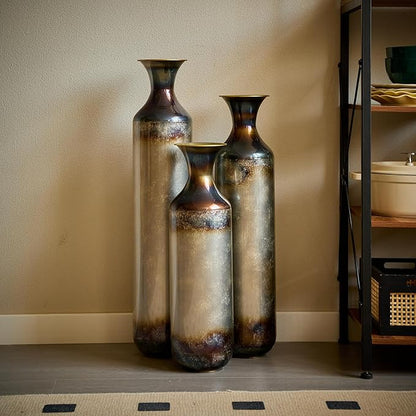 Floor Vases, Tall Home Decor Metal Vase Set of 3 Large Glazed Decorative Vases for Wedding Decor, Elegant Modern Flower Holder for Living Room, Entryway, Hallway, Dining Room