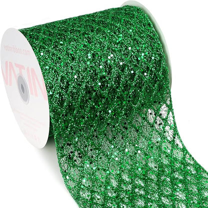 VATIN 6" Green Christmas Ribbon, Green Glitter Mesh Diamond Web Sequin Dots Wired Christmas Ribbon for Gift Wrapping Bow Making Wreath Supply-10 Yards
