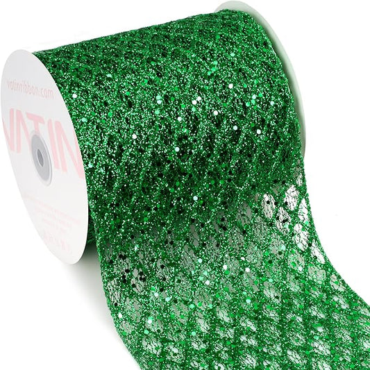 VATIN 6" Green Christmas Ribbon, Green Glitter Mesh Diamond Web Sequin Dots Wired Christmas Ribbon for Gift Wrapping Bow Making Wreath Supply-10 Yards