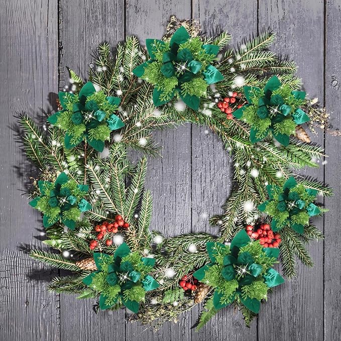 Geosar 36 Pcs Christmas Glitter Artificial Poinsettia Flowers Xmas Poinsettia Artificial Wedding Flowers Decorations Xmas Tree Ornaments with Clips for Party, 6 Inch, 4 Inch, 3 Inch(Grass Green)
