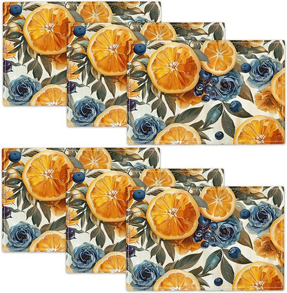 Orange Placemats Set of 6 Fruit Blueberry Rose Leaf Table Mats Washable Place Mats for Home Party Indoor Kitchen Dining Table Decoration 12x18 Inch
