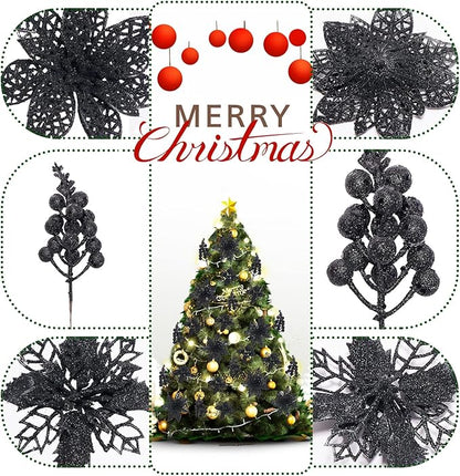 Zhuqing 22Pcs Christmas Poinsettia Artificial Flowers and Glitter Berries Stems Kit, 16Pcs Christmas Tree Flowers Ornaments and 6 Pack Christmas Tree Picks for Wedding Holiday Decorations (Black)
