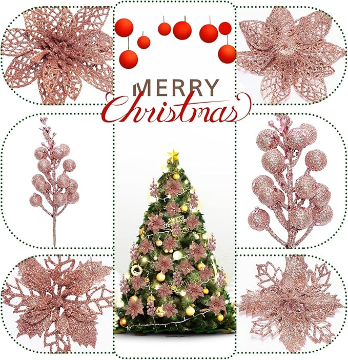 22Pcs Poinsettia Artificial Flowers and Glitter Berries Stems Kit, 16Pcs Christmas Tree Flowers Ornaments and 6 Pack Christmas Tree Picks for Wedding Holiday Decorations (Rose Gold)