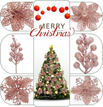 22Pcs Poinsettia Artificial Flowers and Glitter Berries Stems Kit, 16Pcs Christmas Tree Flowers Ornaments and 6 Pack Christmas Tree Picks for Wedding Holiday Decorations (Rose Gold)