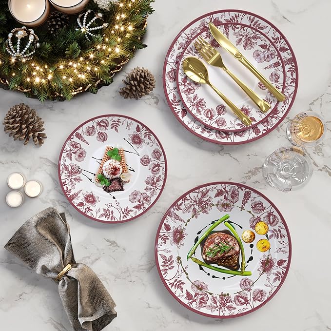 Trendables Plastic Plates For Party Supplies, Floral Disposable Plates For Party & Weddings 80 Pcs - 40 x 8 Dessert Plates & 40 x 10 Plastic Dinner Plates, Plate Set Disposable Dinnerware Sets