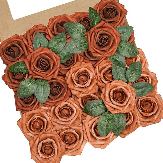 Artificial Flowers, 25pcs Artificial Rose for DIY Wedding Bouquets Centerpieces Arrangements, Shades of Terracotta Foam Roses with Stem for Bridal Shower Party Home Decorations