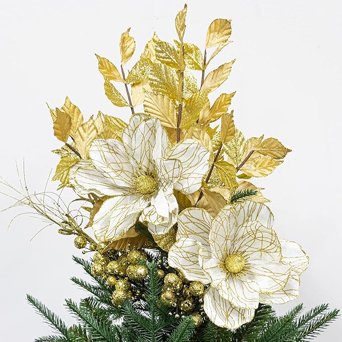 KI Store Christmas Poinsettia Artificial Velvet Magnolia Flower White and Gold Floral Picks Stems for Christmas Tree Decoration Pack of 6 for Xmas Tree Wedding Centerpiece